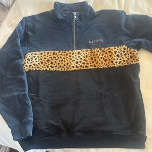 Supreme Men's Navy Zip-Up Sweater with Leopard Print